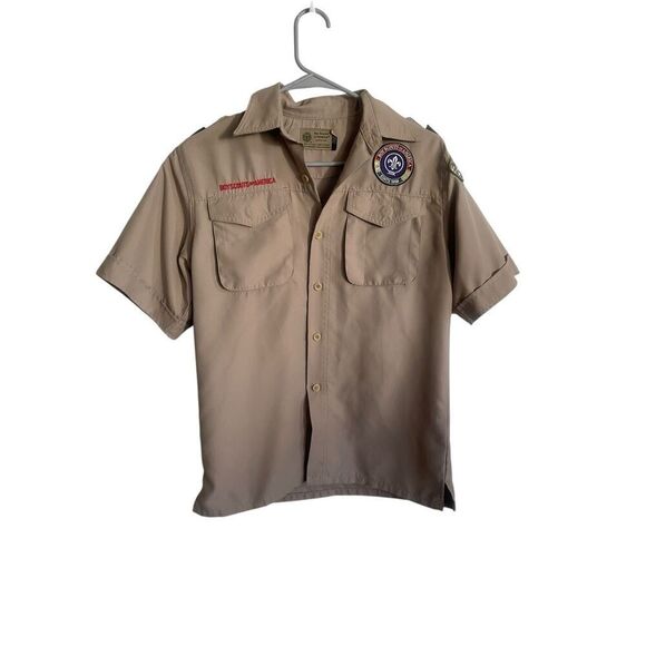 Boy Scouts of America Youth Khaki Logo Patches Button Down Uniform Shirt Large - Picture 1 of 7